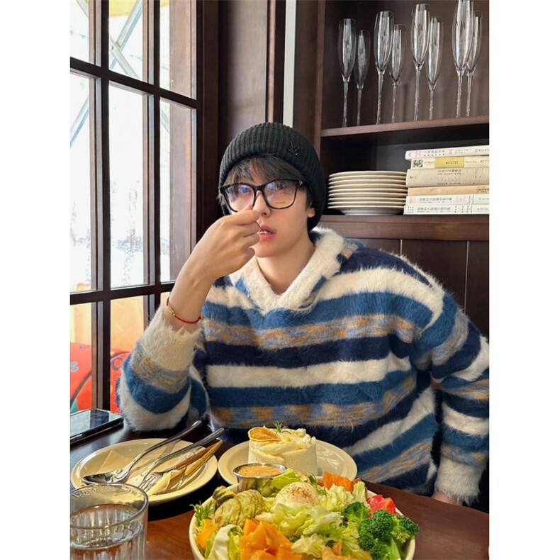 【有货】MY366CC-特P58水貂毛条纹连帽毛衣男慵懒风针织衫外套,男装针织衫/毛衣,星座1007（原301D）