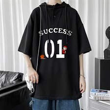 LD54205-P45连帽短袖t恤男大码胖子带帽五分袖中袖，男装T恤，电商A040