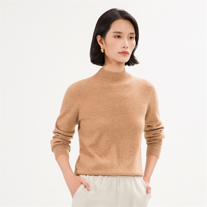 35%山羊绒平面半高领纯色修身针织衫时尚百搭2025年秋季，女装针织衫/毛衣，巾兮羊绒