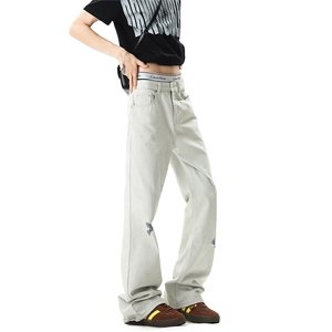 【现货】美式复古白色微喇破洞牛仔裤1 XZ502-K849-P65控89图片