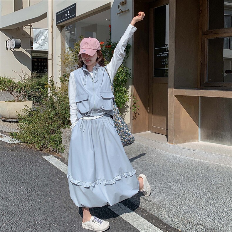 蓝色韩系学院风套装裙女春季2025新款减龄打底衣马甲半身裙三件套图片