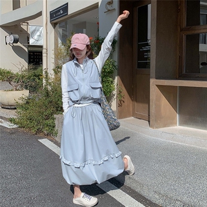 蓝色韩系学院风套装裙女春季2025新款减龄打底衣马甲半身裙三件套图片
