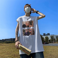直播品质重磅纯棉220克美式印花宽松背心男女无袖t恤潮BX565P25，男装T恤，电商A486