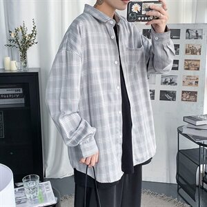 港风新款秋季外穿长袖衬衫男  百搭休闲格子衬衣外套CS22/图片
