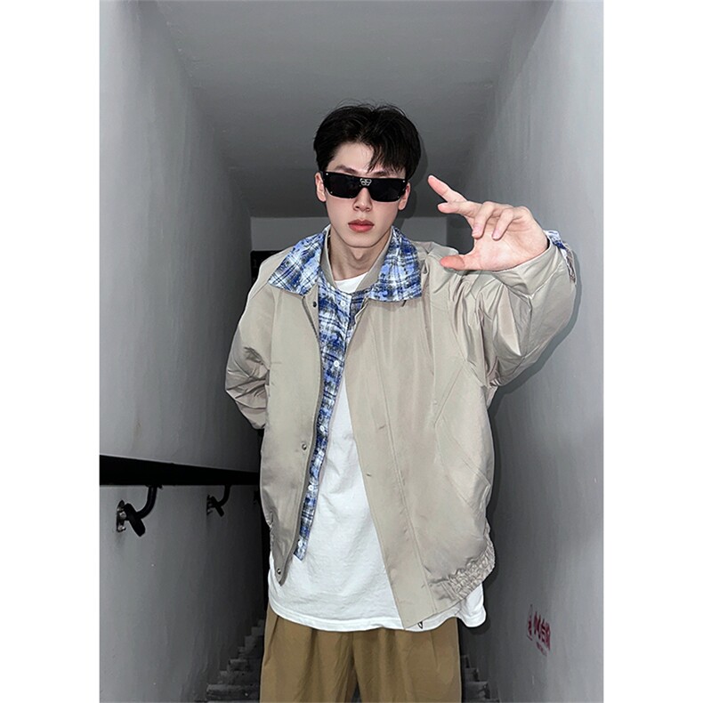 现货现货2026新款宽松拼接假两件翻领格子夹克外套男P75，男装夹克，星座301D-2(原星座1004-1）