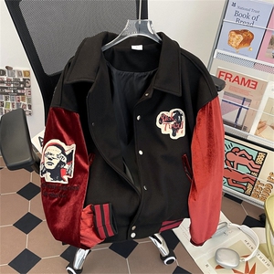 黑男美式复古撞色拼接夹克棒球服男女高街vibe贴布绣宽松情侣外套图片