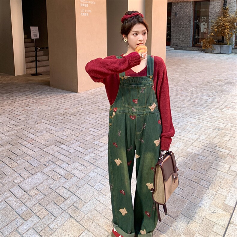 时尚针织卫衣卡通牛仔背带裤套装女春季新款宽松印花时尚阔腿长裤,女装套装/套裙,2C292