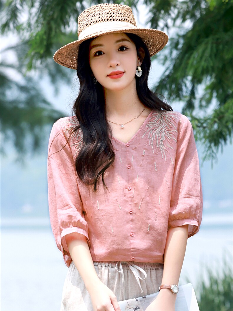2026夏季苎麻时尚简约大方气质优雅刺绣休闲透气上衣,女装衬衫,独衣靓