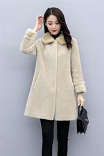 颗粒绒水貂毛领100%羊毛中长款直筒简约时尚皮毛一体外套，女装毛呢外套，媚琳依坊
