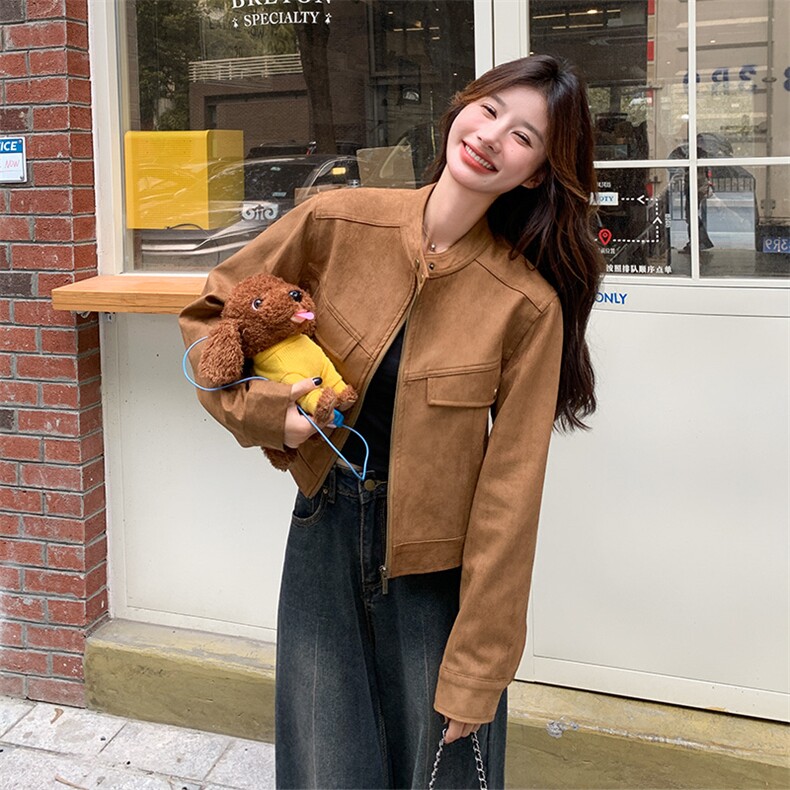 美拉德风咖色短款麂皮绒外套女春秋2025超火好看高级小众夹克上衣,女装短外套,2C176