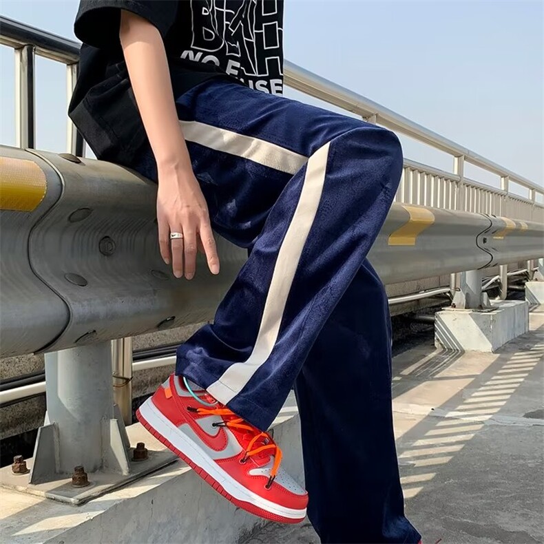 男春夏新款青少年时尚宽松潮牌丝绒拼接裤休闲裤MK39P28图片