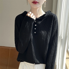 2024秋冬连帽精纺羊毛衫女蕾丝花边提花针织毛衣宽松时尚帽衫上衣，女装羊毛衫，凯思米羊绒