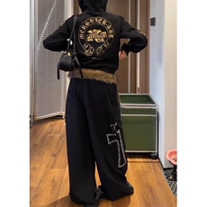 美式高街高腰阔腿裤黑色裤子女2025秋季新款毛领卫裤休闲裤长裤子，男装休闲裤，四季星座505
