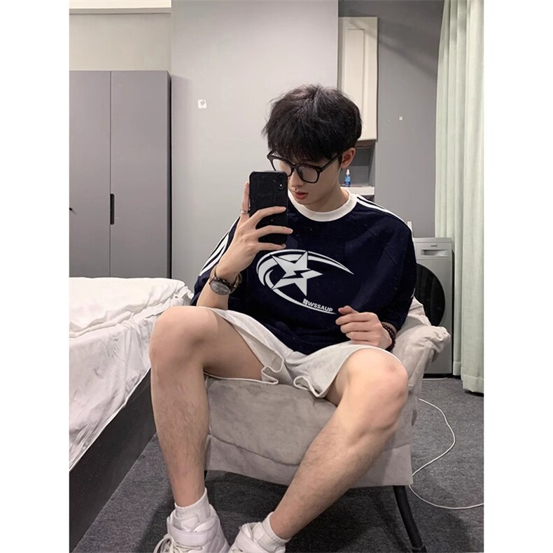 夏季美式高街重磅纯棉三条杠织带撞色男女短袖T恤ZD315-特P30图片