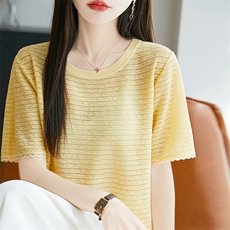 夏季新品2025韩版天丝半袖女圆领镂空大码短袖T恤女气质，女装针织衫/毛衣，唐诺