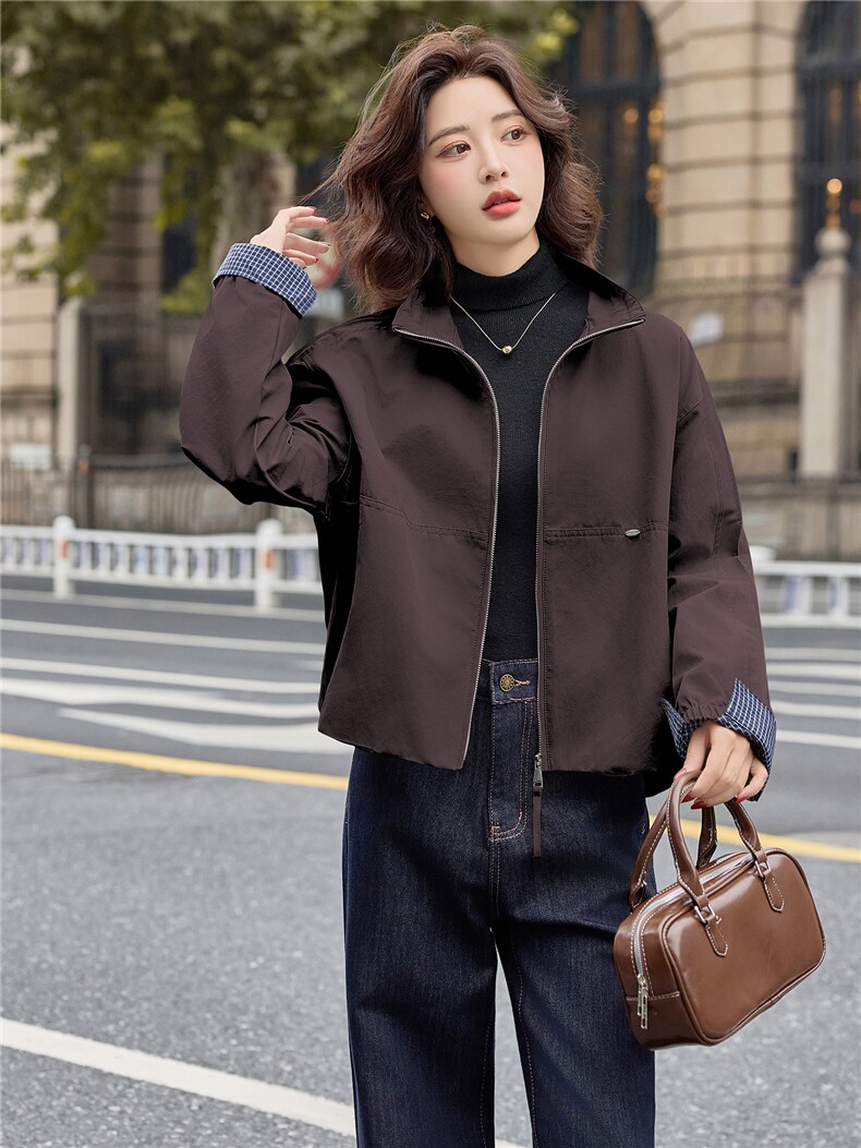现货。2025秋季新款通勤立领袖格子拼接夹克时尚休闲外套女,女装短外套,E百度