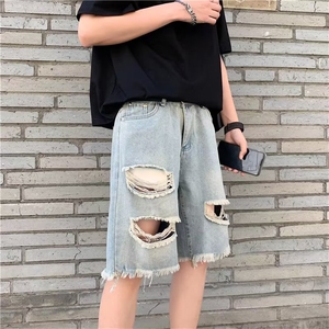 毛边破洞牛仔短裤男夏季薄休闲乞丐裤高街潮牌宽松五分裤6766-p35图片