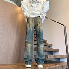 牛仔裤男水洗做旧修身直筒宽松微喇裤子美式高街微弹休闲长裤，男装牛仔裤，星座410-7