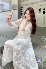 蕾丝提花白色连衣裙女夏2025新款爆款流行学院风森系温柔风长裙，女装连衣裙，欧黛芙妮