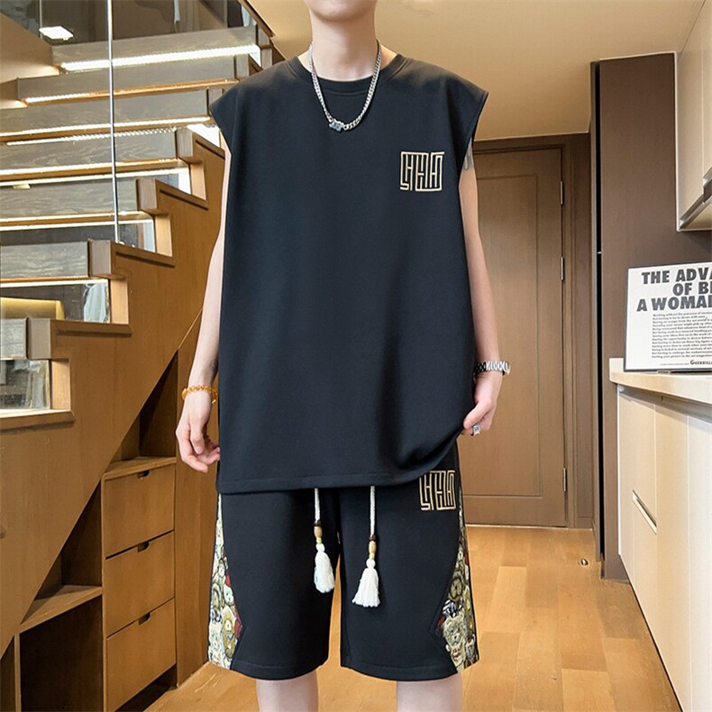 小熊短裤五分两件套刺绣背心套装男休闲运动拼接A266-TZ1158-P46,男装牛仔裤,电商A266