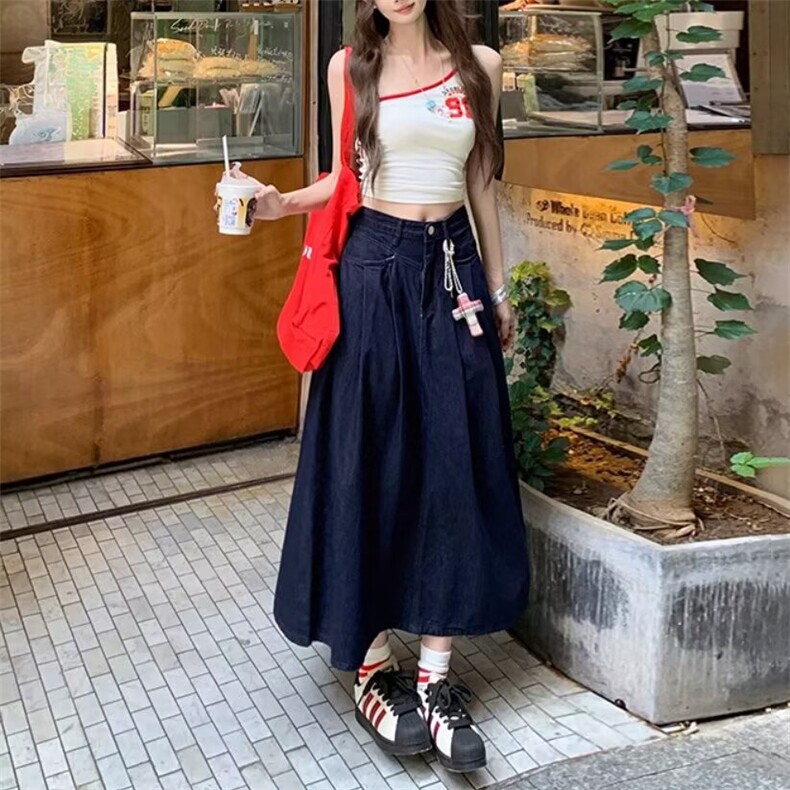 深蓝色牛仔半身裙女2025夏季新款港风高腰显瘦长款宽松a字中长裙,女装半身裙,星座1210-1