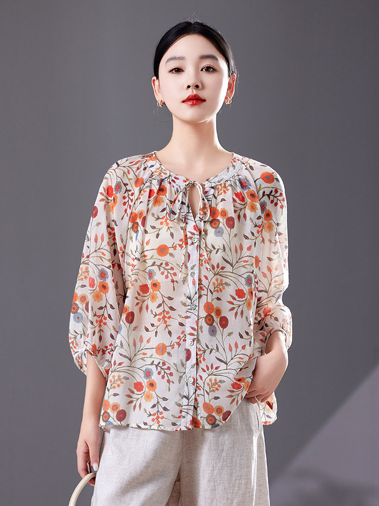 碎花中袖上衣女七分袖高端2025夏季宽松版减龄衬衫轻薄天丝防晒衣,女装衬衫,靓衣阁
