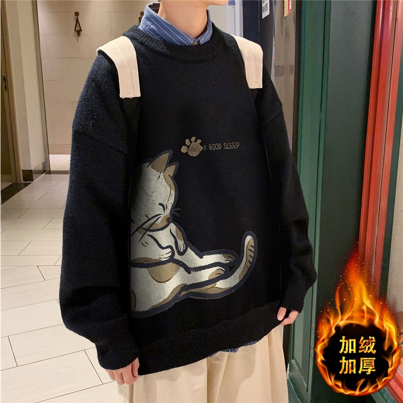 1港风新款宽松休闲中性情侣潮流印花毛衣男外套7783P55加绒P70图片