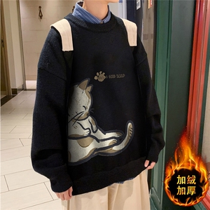 1港风新款宽松休闲中性情侣潮流印花毛衣男外套7783P55加绒P70图片