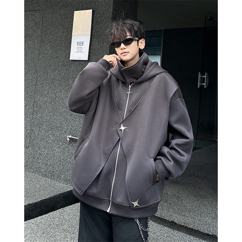 DP9978-P68重磅假两件开衫卫衣男连帽秋冬款廓形美式复古高街外套,男装卫衣,电商C233