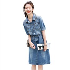 欧货牛仔连衣裙女中长款2025夏季薄款收腰显瘦时尚亮片衬衫A字裙，女装连衣裙，意芙