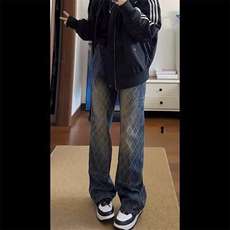 复古美式菱格牛仔裤女秋季新款高腰显瘦直筒拖地裤做旧百搭阔腿裤，男装牛仔裤，星座506A
