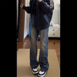 复古美式菱格牛仔裤女秋季新款高腰显瘦直筒拖地裤做旧百搭阔腿裤图片