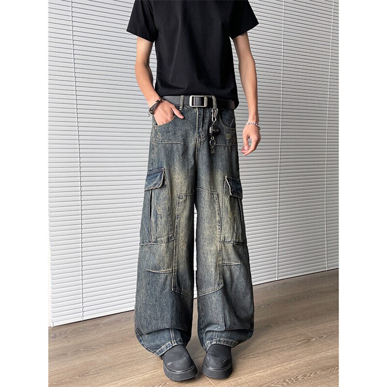潮牌重磅多口袋弯刀牛仔裤男女炸街做旧水洗阔腿工装裤N07621-P63图片