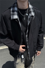 秋冬夹克男假两件工装外套青少年格子拼色上衣，男装夹克，星座1206-1（原A206-1）