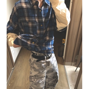 潮春秋潮流常规美式复古假两件拼接格子衬衫长袖标准青少年翻领图片