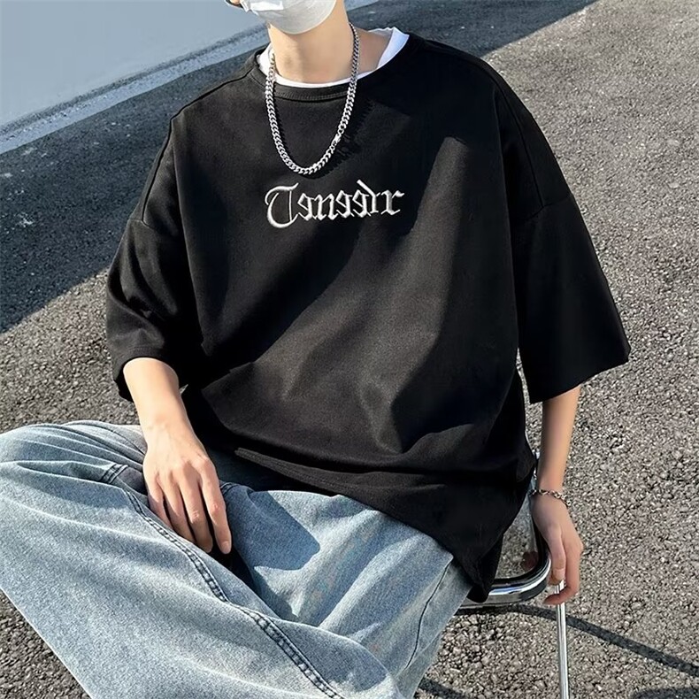 夏季新款宽松男五分袖短袖男潮牌港风刺绣圆领上衣服T012-P30,男装T恤,星座308B-1