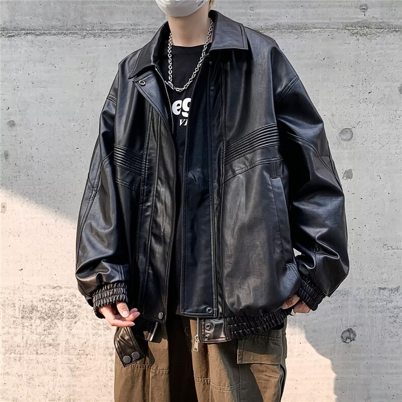 痞帅机车PU皮衣夹克男宽松休闲美式复古派克服重工设计感外套男生,男装夹克,星座410-7