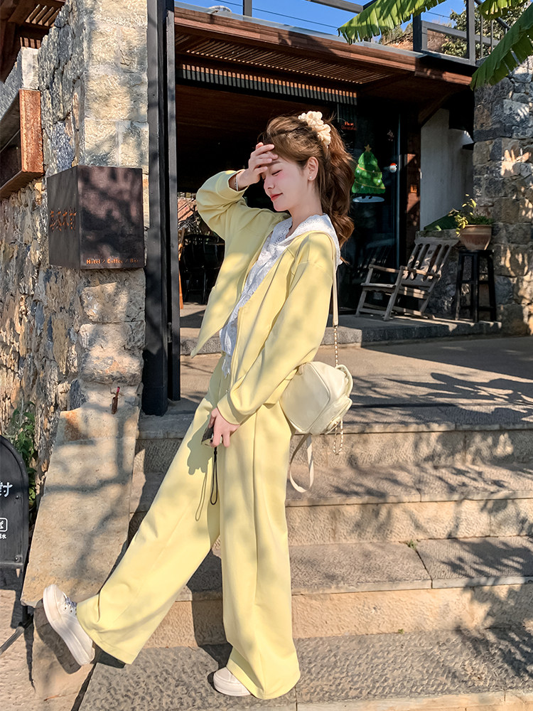 蕾丝拼接假两件卫衣休闲时尚套装裤女春季2025新款韩系学院风减龄,女装套装/套裙,浙宝A馆126