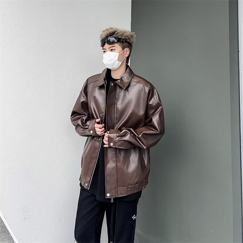 皮衣翻领简约夹克黑色棕色M-3XLW73,男装夹克,星座1116A-1（原606A）