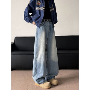 春季美式复古水洗基础蓝色牛仔裤男女宽松垂感拖地裤阔腿直筒裤图片