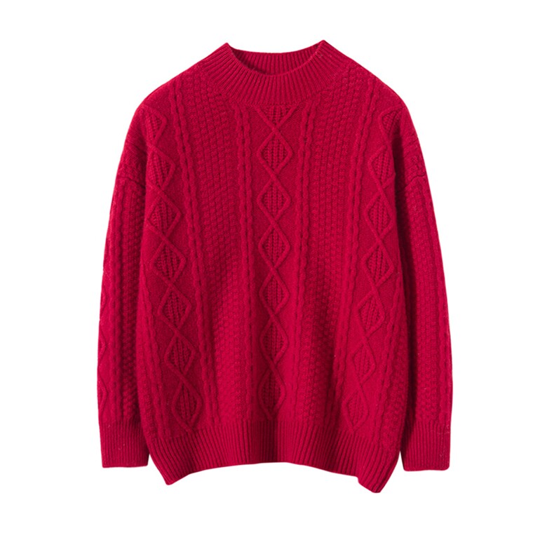 时尚儿童毛衣七针菱形扭花设计高领保暖红色甜美可爱，童装毛衣，宏杨羊绒