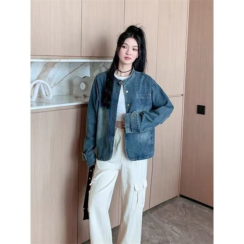 2025新款休闲圆领牛仔外套女上衣韩版复古宽松蓝色正肩小个子薄款,男装工装外套,星座1210-1