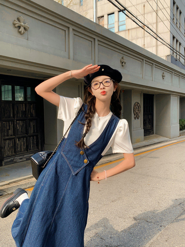 白色t恤薄款牛仔背带连衣裙女夏季新款显瘦气质温柔风长裙,女装连衣裙,帛香坊
