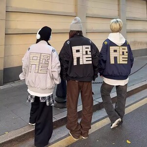 美式复古刺绣字母立领飞行夹克男女小众设计百搭情侣外套图片