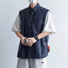 假两件拼接短袖衬衫男夏季美式复古潮牌宽松大码休闲工装衬衣外套，男装衬衫，星座506A