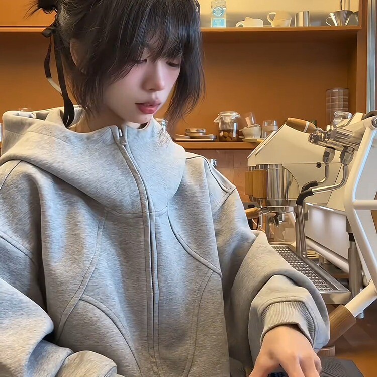 美式复古灰色廓形连帽卫衣休闲百搭情侣空气感外套上衣WY001 P65图片