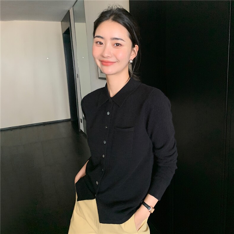 2025秋冬百搭时尚简约秋冬polo领纽扣开衫针织衫,女装羊绒衫,玛卡隆羊绒