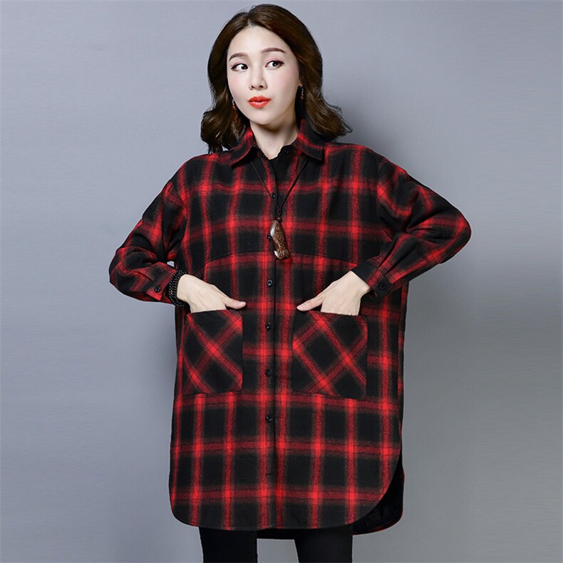 口袋格子加厚衬衫2025年冬季新款经典加绒休闲百搭长袖中长款衬衣，女装衬衫，风姿绰
