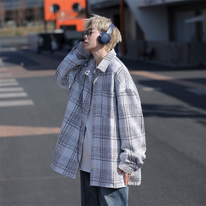春季新款小香风翻领格子衬衫百搭宽松休闲衣外套男W8090-P65,韩版宽松横条上衣搭配图片