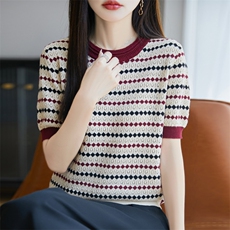 镂空条纹短袖t恤女夏季2025新款打底衫洋气大码女装纯棉针织上衣，女装T恤，秋双羊绒